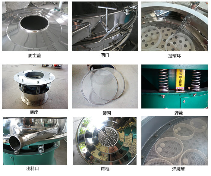 直徑600型91视频下载污細節：網架，料鬥，篩框，擋球環，防塵蓋，閘門，出料口。