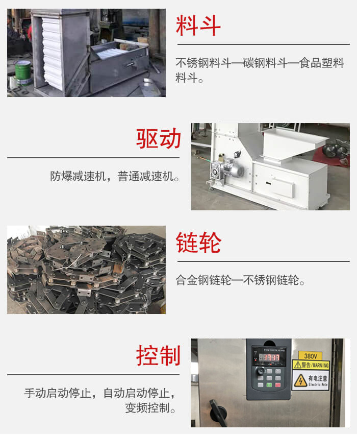 z型鬥式提升機料鬥：不鏽鋼料鬥-碳鋼料鬥-食品塑料料鬥。驅動裝置采用的式防爆減速機，普通減速機兩種。鏈輪采用合金鏈輪-不鏽鋼鏈輪控製器：手動啟動/停止，以及自動啟動停止。